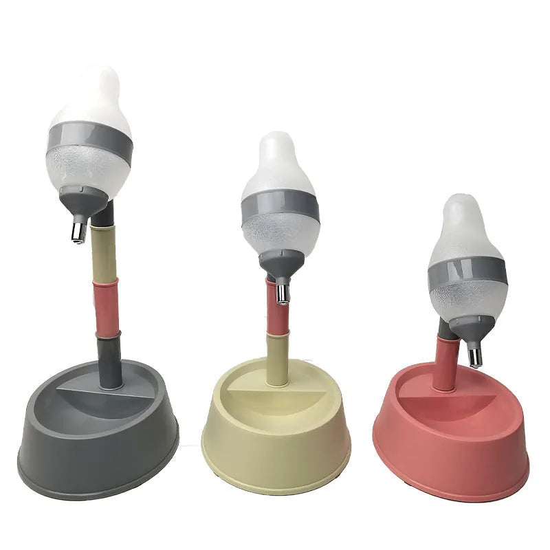 Green adjustable height pet water dispenser with detachable poles and non-drip drinking nozzle.