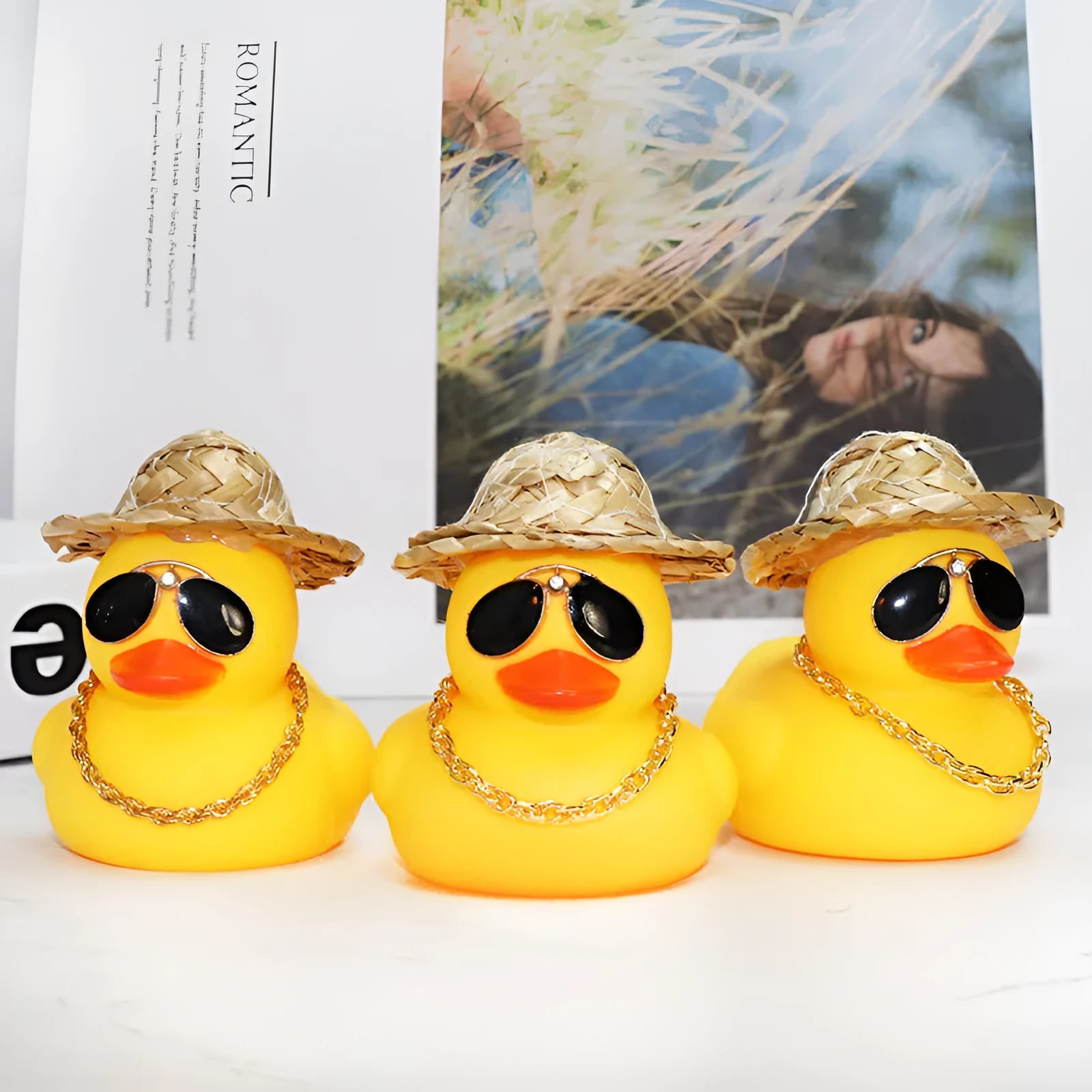 Straw hat yellow duck car dashboard ornament with sunglasses necklace accessory on car interior