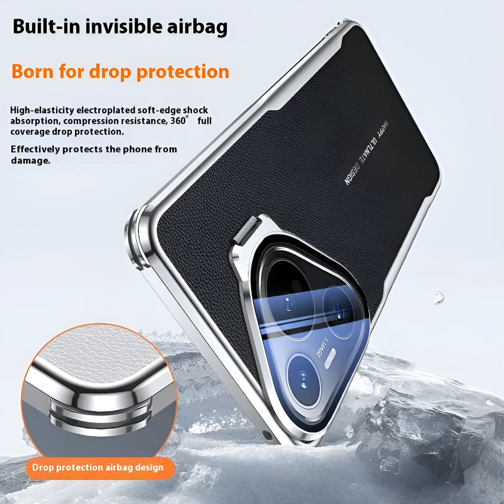 Huawei Pura series leather phone case in black with an invisible kickstand bracket deployed.