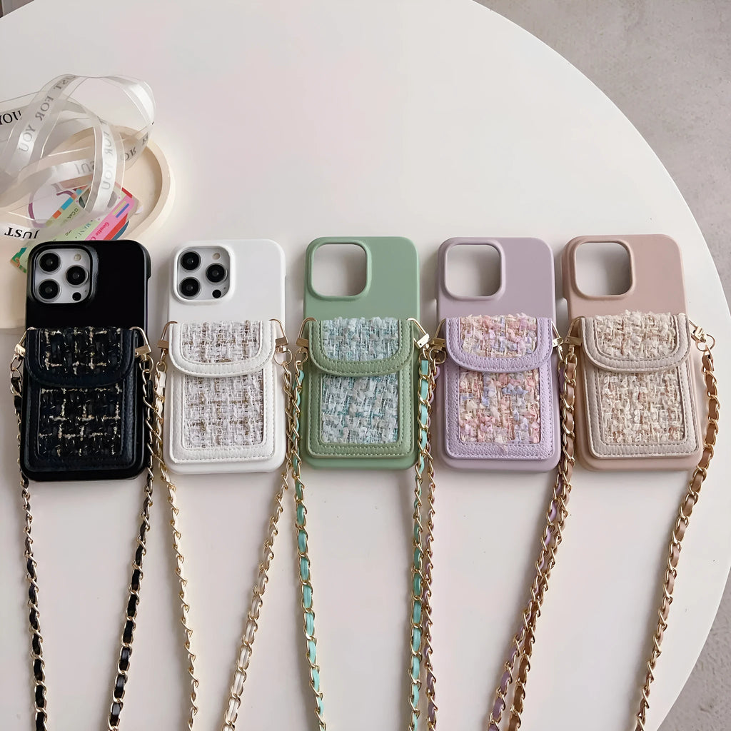 PU leather crossbody chain card holder back phone case in black with frosted finish