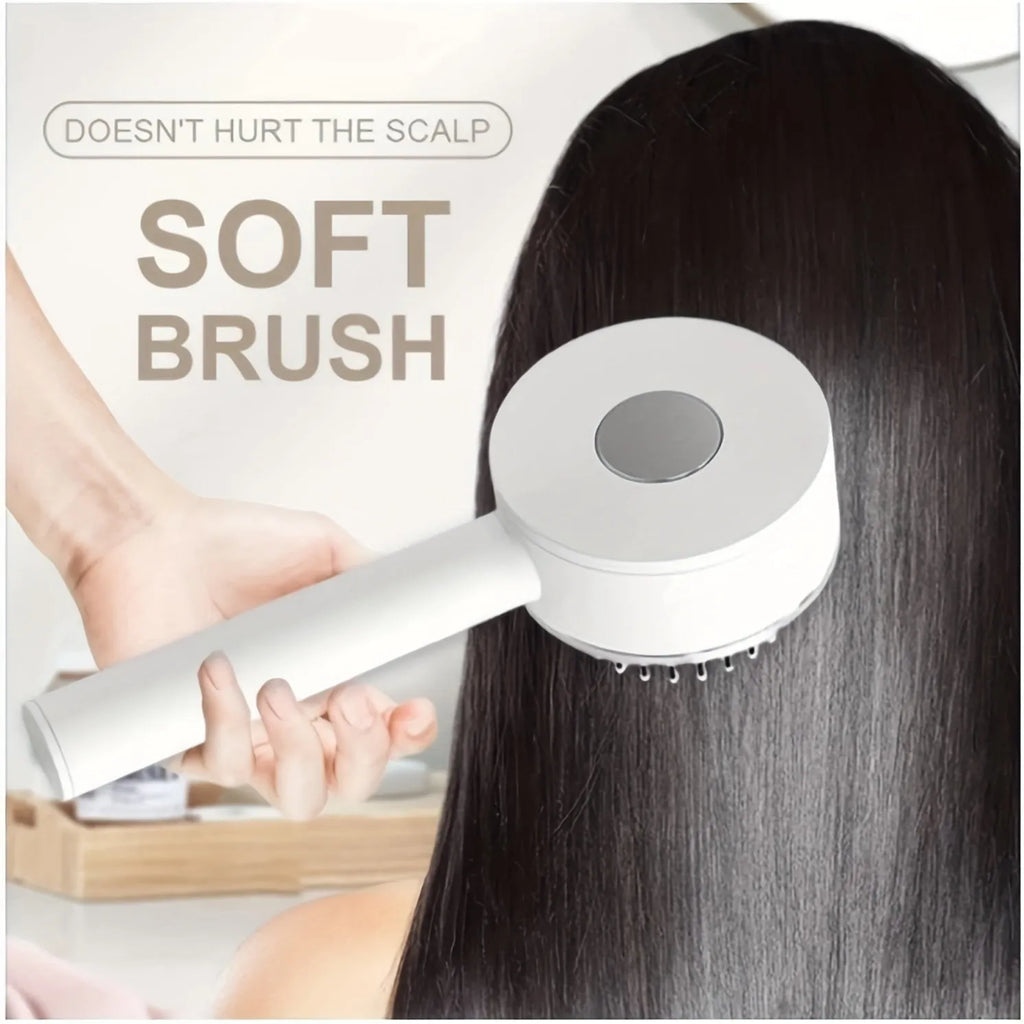 One-key self-cleaning hair brush with 3D air cushion, non-slip handle, and massage tips in green colour