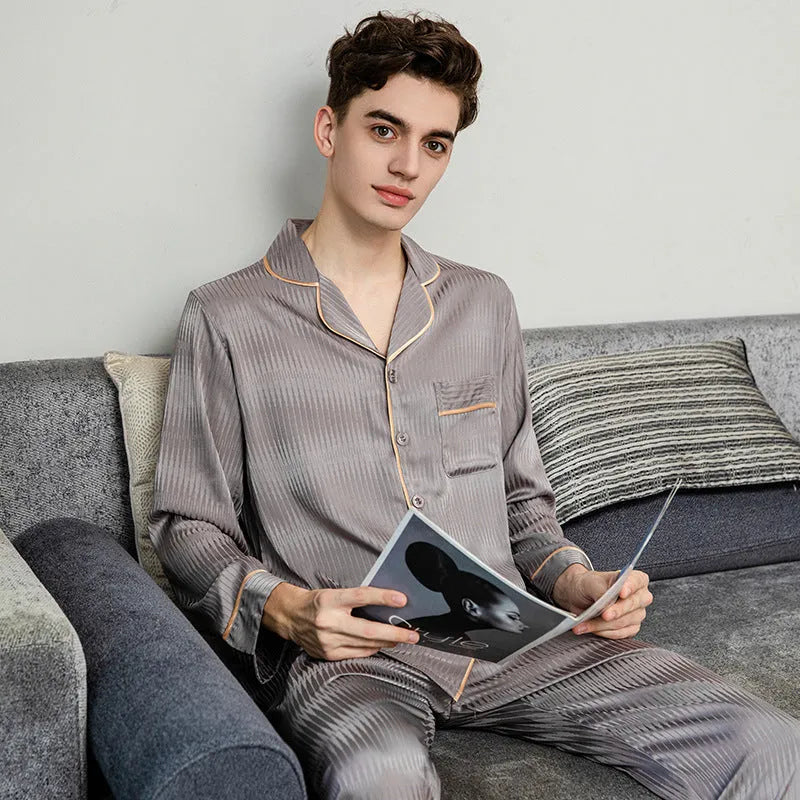 Men's ice silk pyjama set with blue long sleeve V-neck top and trousers in sizes L to 3XL