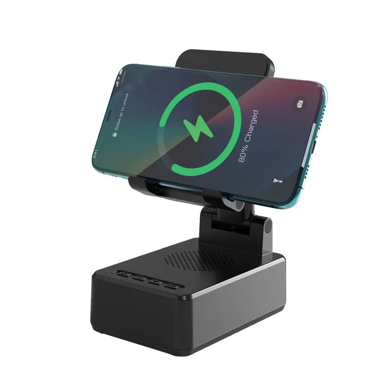 Creative three-in-one wireless charging mobile phone holder stand in black plastic, upright design, 15W or 5W models