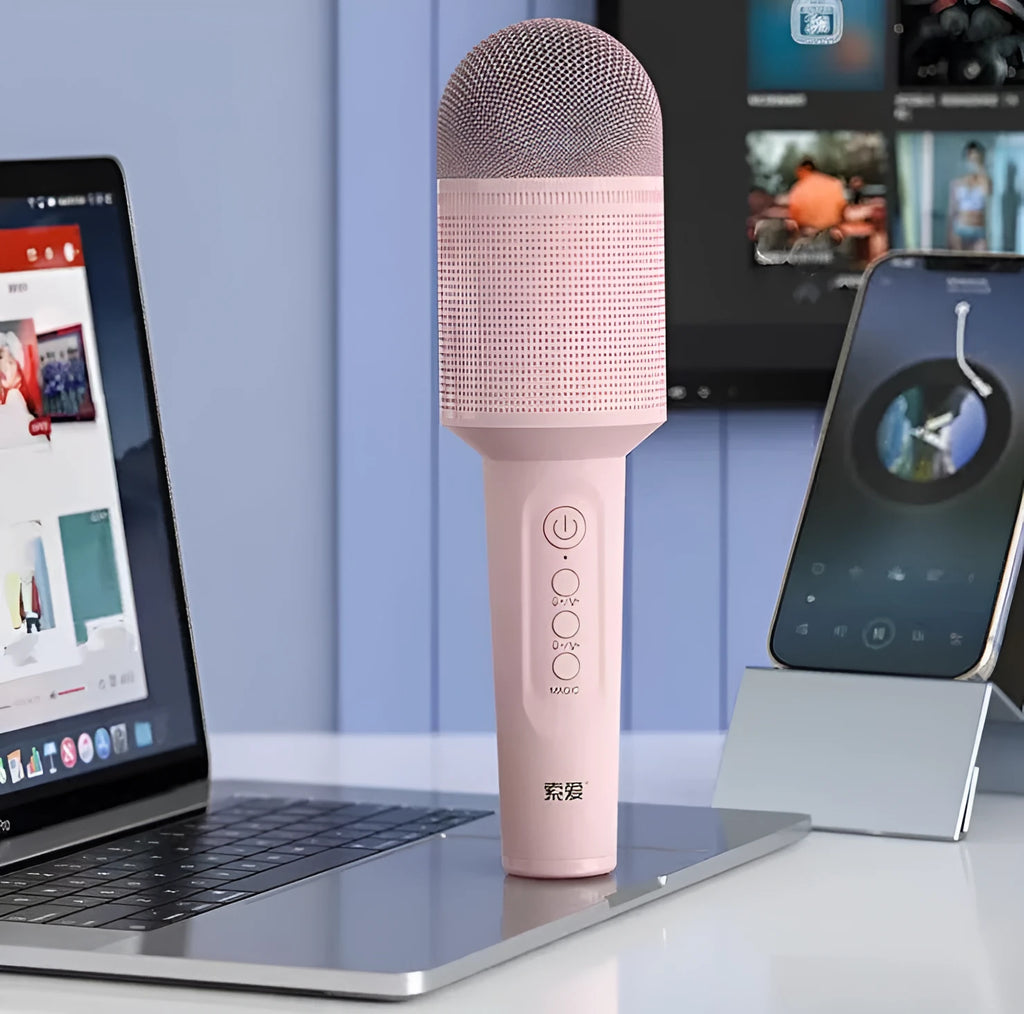 Wireless Bluetooth karaoke microphone with integrated speaker in blue, pink, or green colour options.