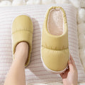 Artificial leather and rubber house slippers with thick sole and plush lining in blue, green, grey, pink or yellow