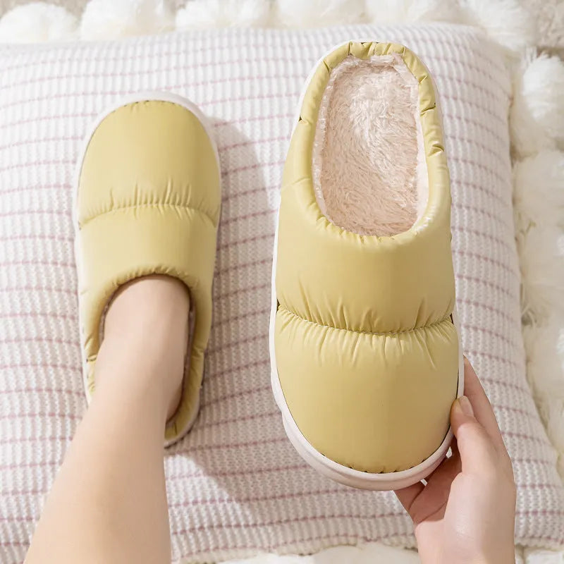 Artificial leather and rubber house slippers with thick sole and plush lining in blue, green, grey, pink or yellow