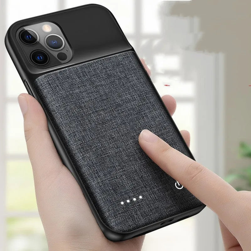 Black Oxford cloth wireless power bank phone case with multi-U ports for iPhone