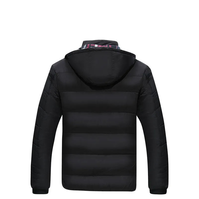 Men's mid-length sports down cotton jacket in red, black or dark blue, sizes L to 6XL, nylon blend cardigan style