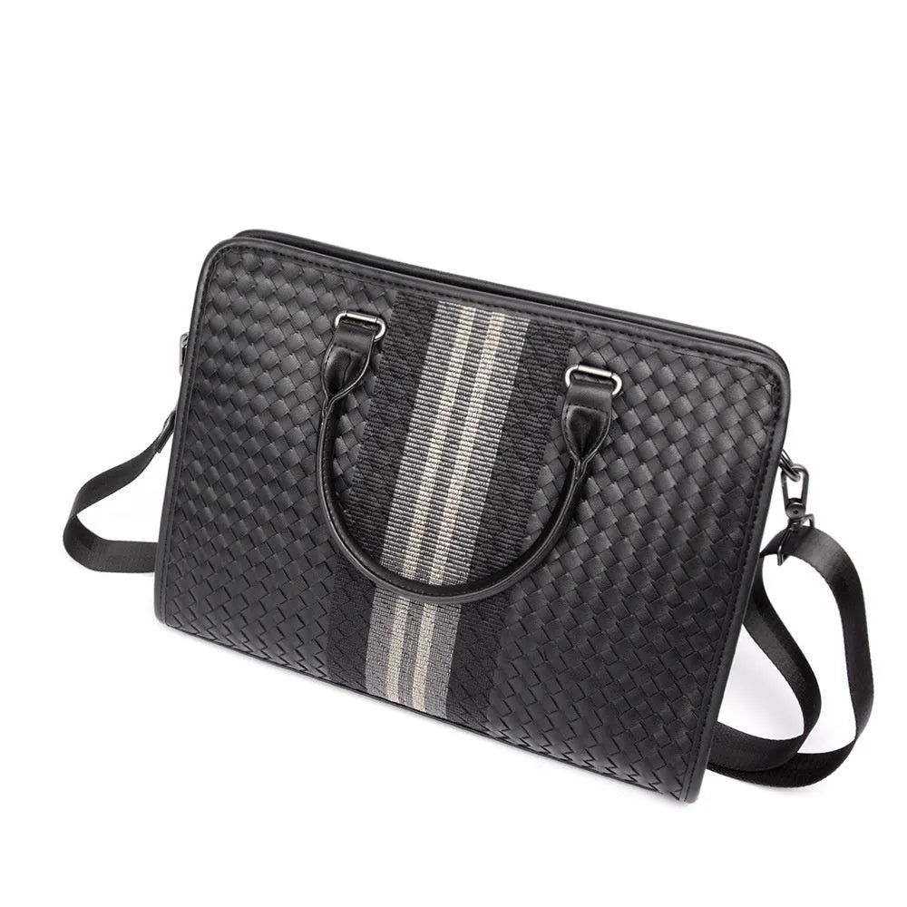 Black PU leather stitching woven business casual men's briefcase with shoulder strap and crossbody carry