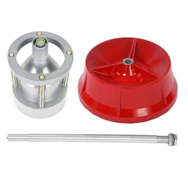 Portable wheel balancer tool with aluminium head and bull's-eye level on a black enamel base.