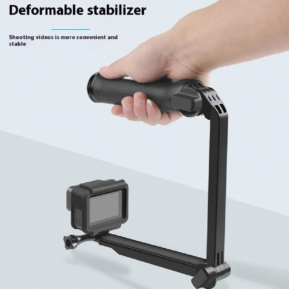 Black portable folding tripod stand for GoPro Hero action cameras in open and closed positions.