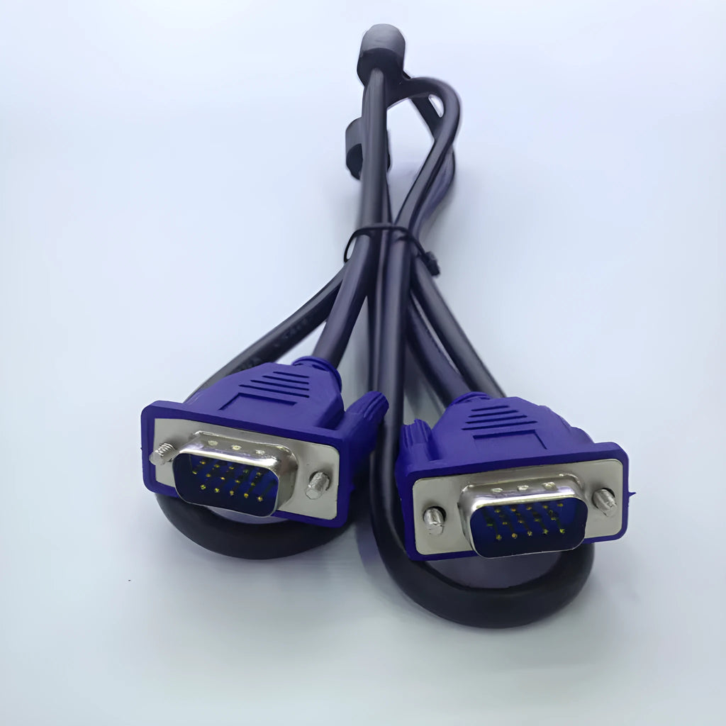 Black VGA cable with blue moulded head and nickel-plated terminals for computer to monitor connections