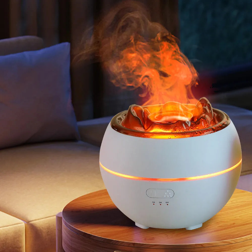 White round ultrasonic aroma diffuser humidifier with timer buttons on a desk.