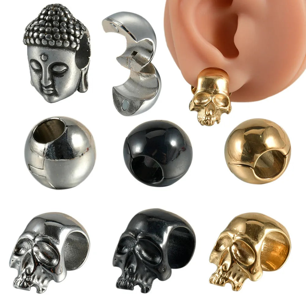 Stainless steel hollow skull and Buddha head design earrings in four colour options.