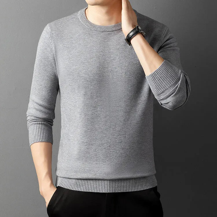 Core-spun yarn round neck semi-high collar knitted pullover sweater for men in khaki color