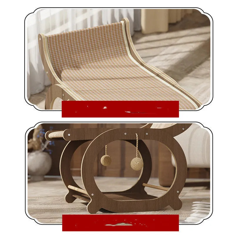 Solid wood frame cat bed with a light-coloured sisal scratching and lounging mat, shown on a wooden floor.