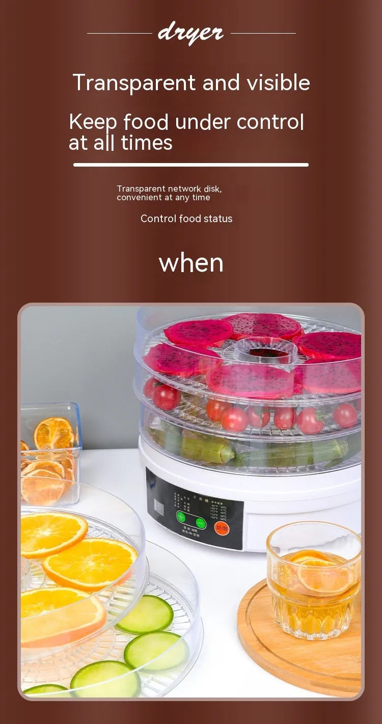 Household food dehydrator with multiple shelf layers and international plug compatibility options