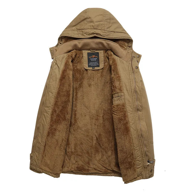 Men's fleece-lined cotton jacket in khaki, black or army green, long sleeve, sizes L to 5XL