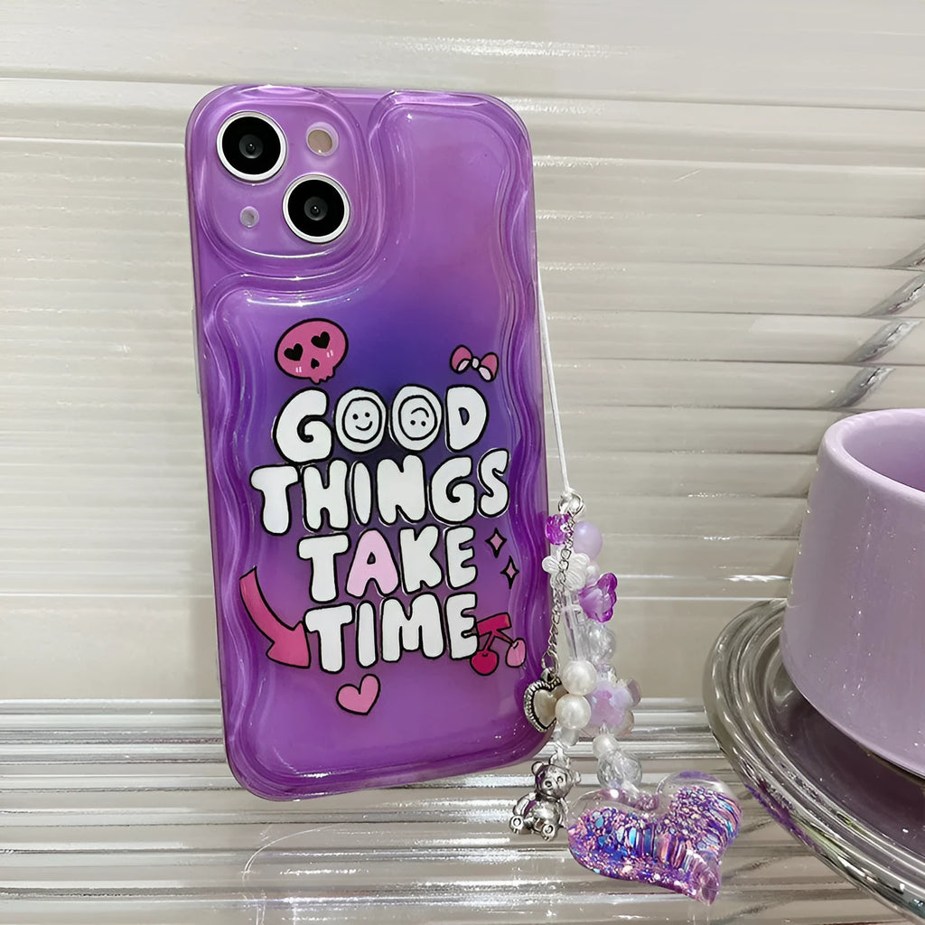 Purple English graffiti design iPhone case with love pendant charm and a lanyard attachment hole.
