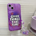 Purple English graffiti design iPhone case with love pendant charm and a lanyard attachment hole.