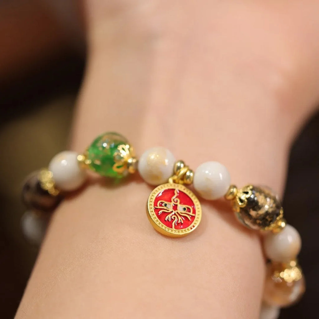 Handmade glazed glass bracelet with Five Gods of Wealth design in 10mm geometry shape.