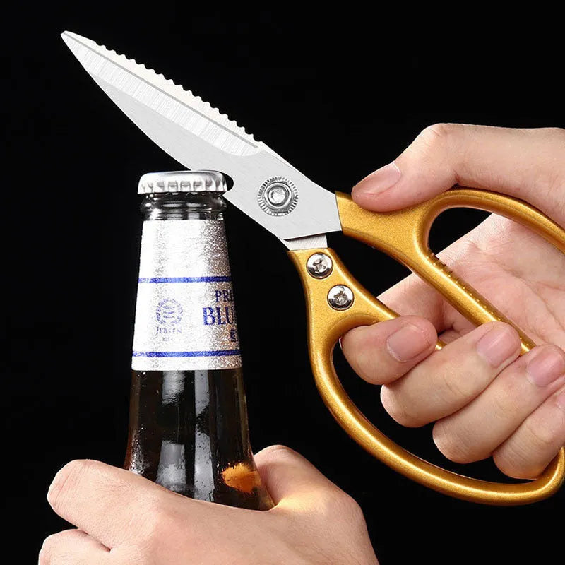 Pair of stainless steel kitchen scissors with non-slip handle, for cutting chicken bone and seafood, in silver