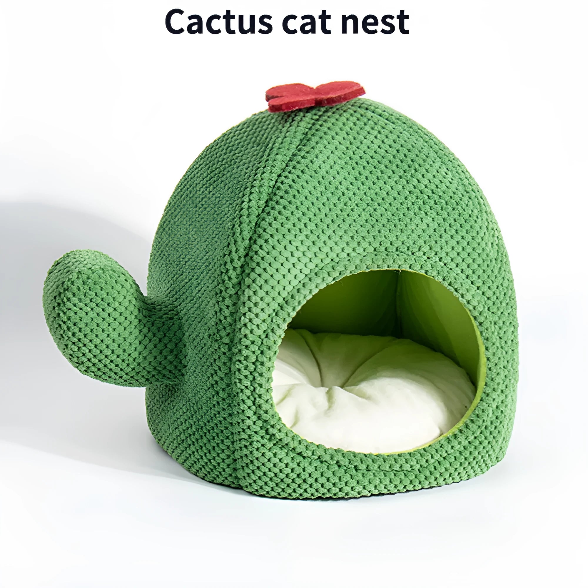 Dark green cactus-shaped enclosed cat bed with a soft interior, shown with a green accent.
