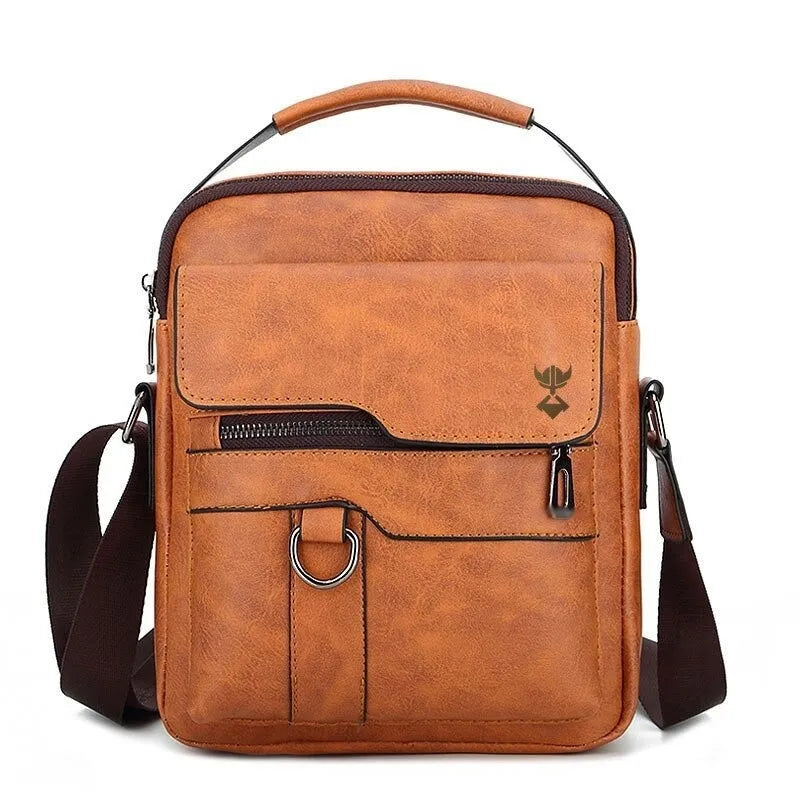 Khaki PU leather men's shoulder bag showing square design and shoulder strap