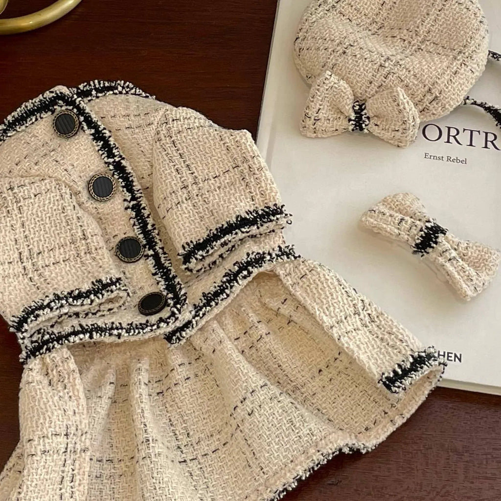 Beige cotton pet princess skirt with matching hairpin, available in XS to 2XL sizes for dogs and cats