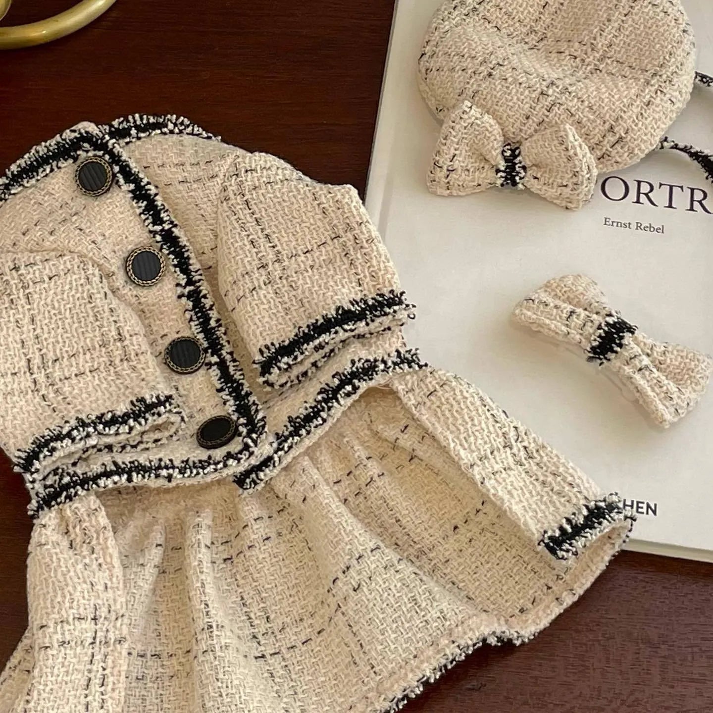 Beige cotton pet princess skirt with matching hairpin, available in XS to 2XL sizes for dogs and cats