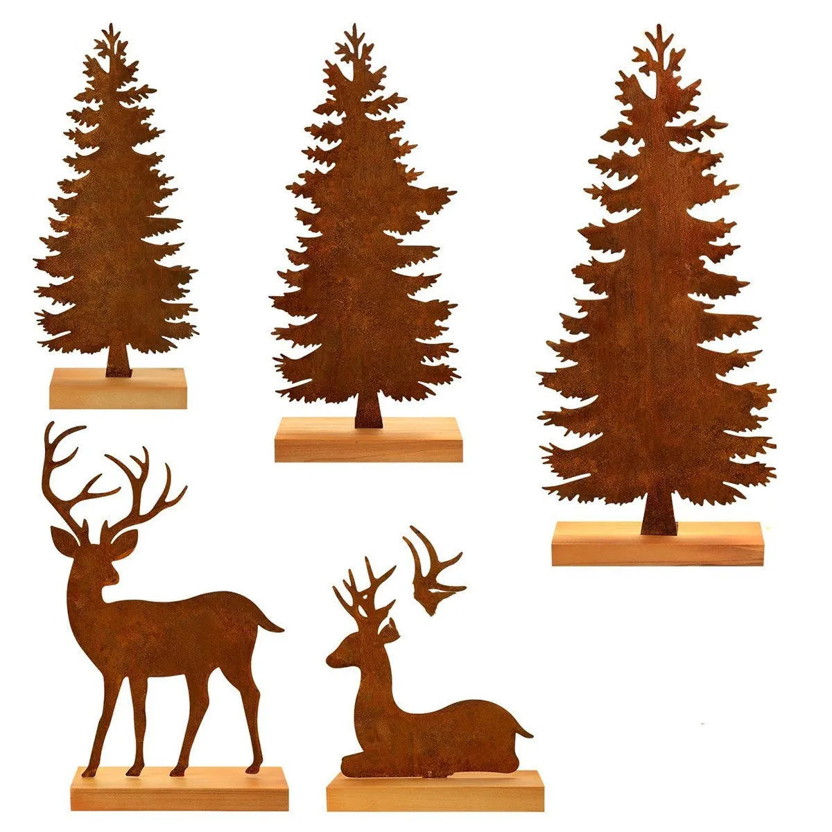 Three rusty metal elk Christmas tree ornaments with American-style design on green branches
