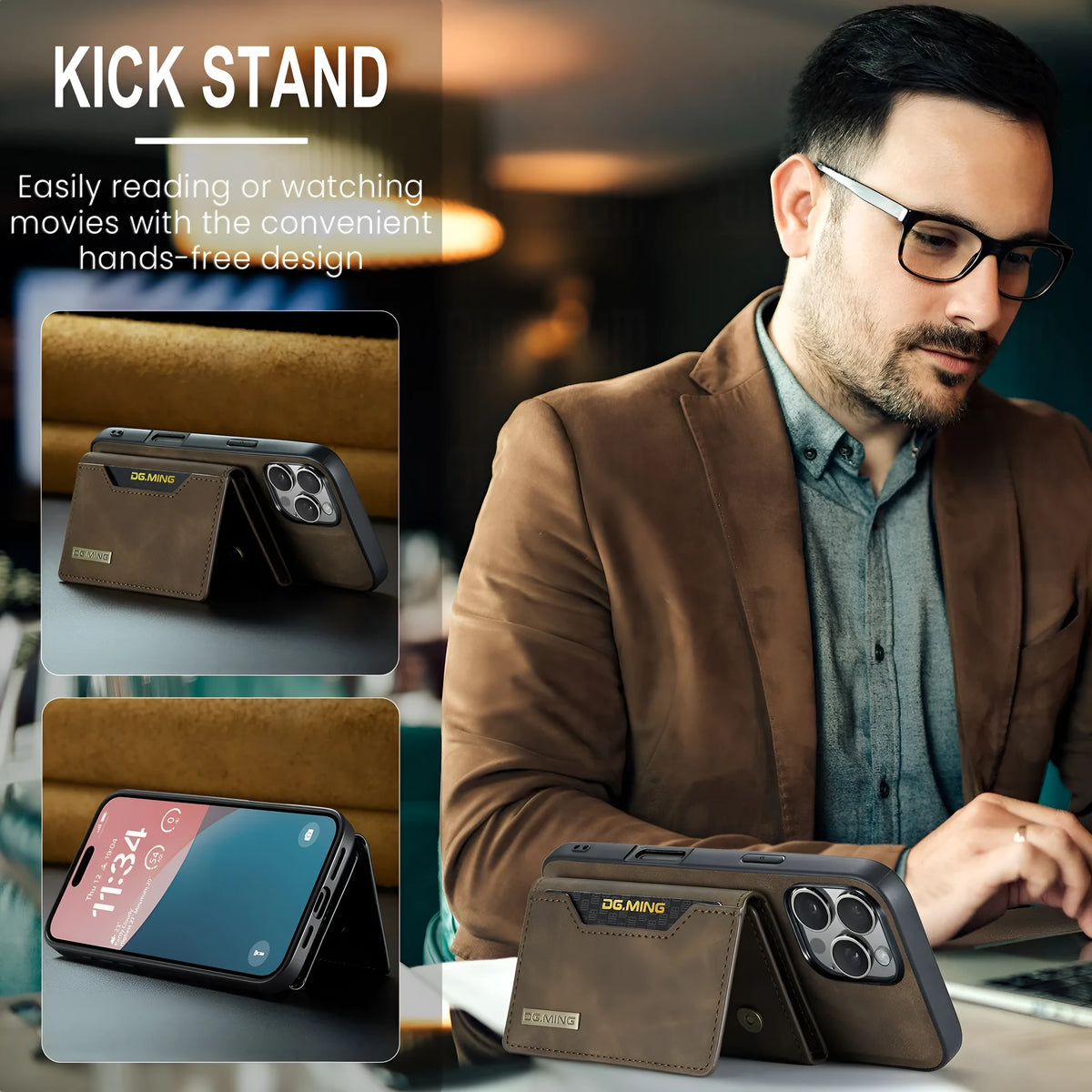 Magnetic card case in combination black with PU retro style and glass back for iPhone XR and iPhone 16 models