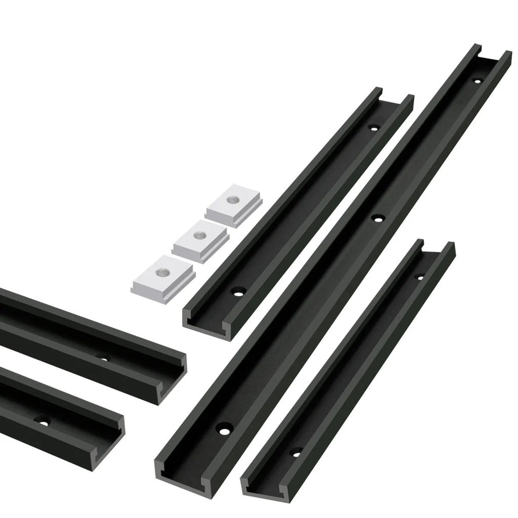 Aluminium alloy M6 and M8 sliding chute slider set for woodworking T-slot tracks in black, silver, blue, and red.