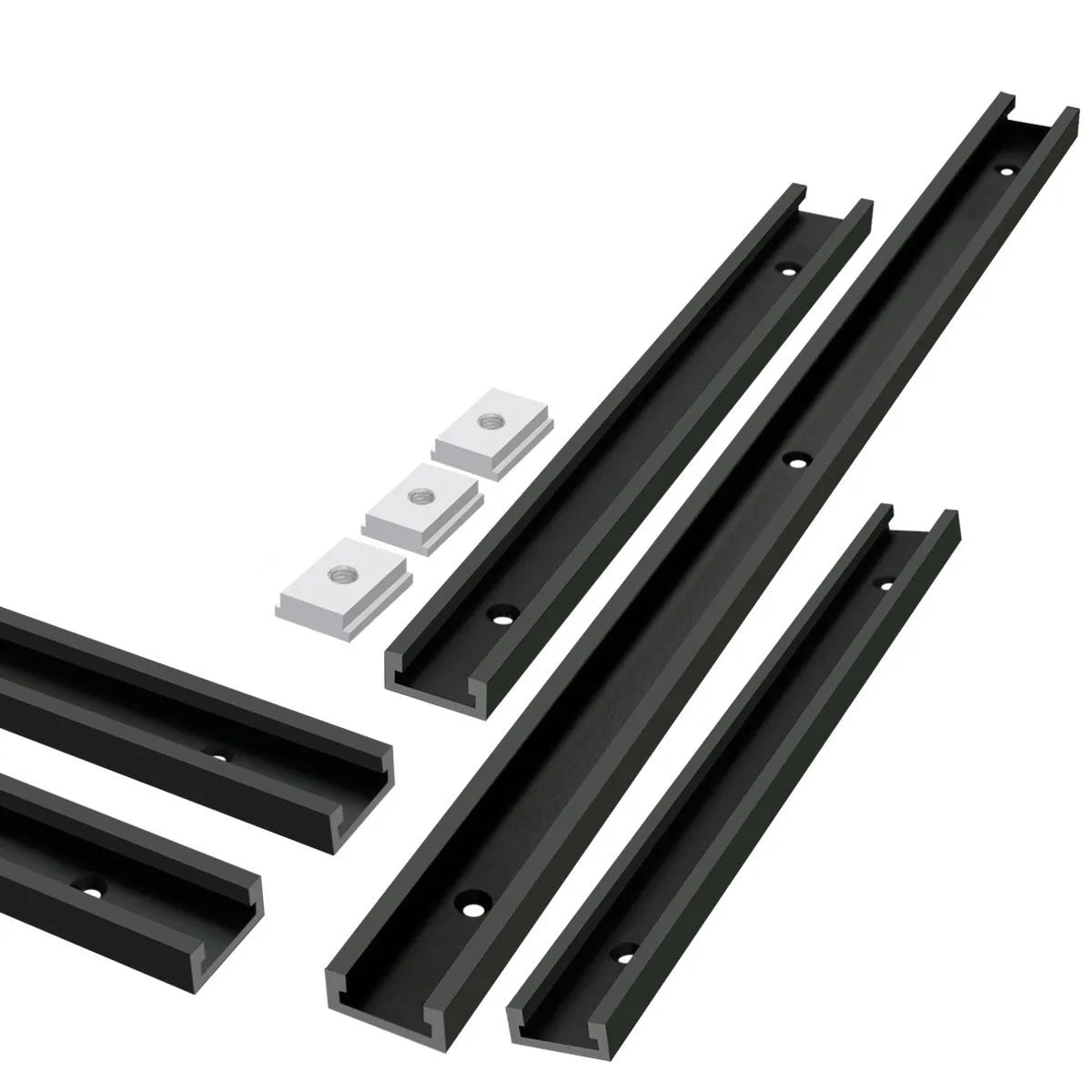Aluminium alloy M6 and M8 sliding chute slider set for woodworking T-slot tracks in black, silver, blue, and red.