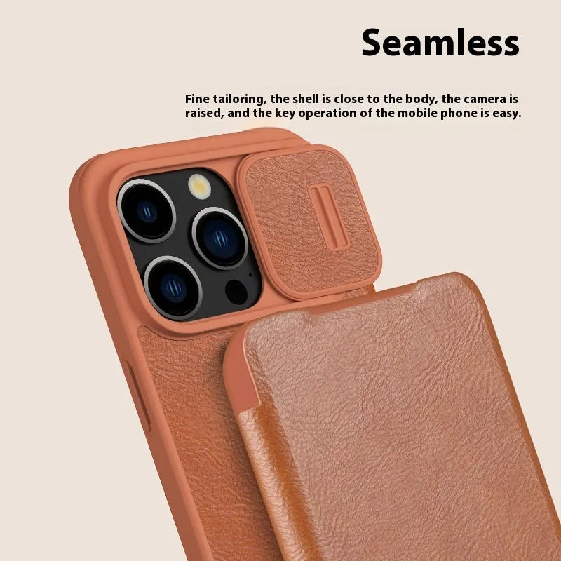 Imitation leather flip phone case for iPhone 15 in black, brown, and red colour options.