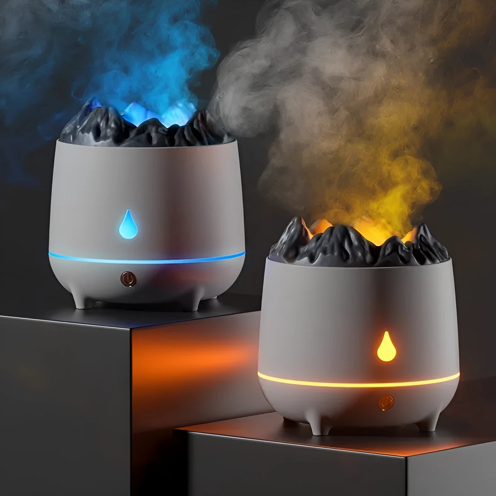 White volcano-shaped ultrasonic humidifier with USB cable on a table