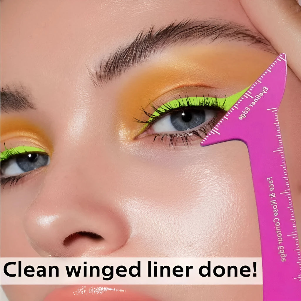 Pink reusable plastic makeup stencil with cut-outs for eyeliner wings, eyebrow arch, and nose contour lines.