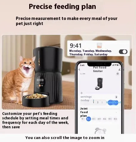 Black automatic pet feeder with digital LCD screen and large food container.