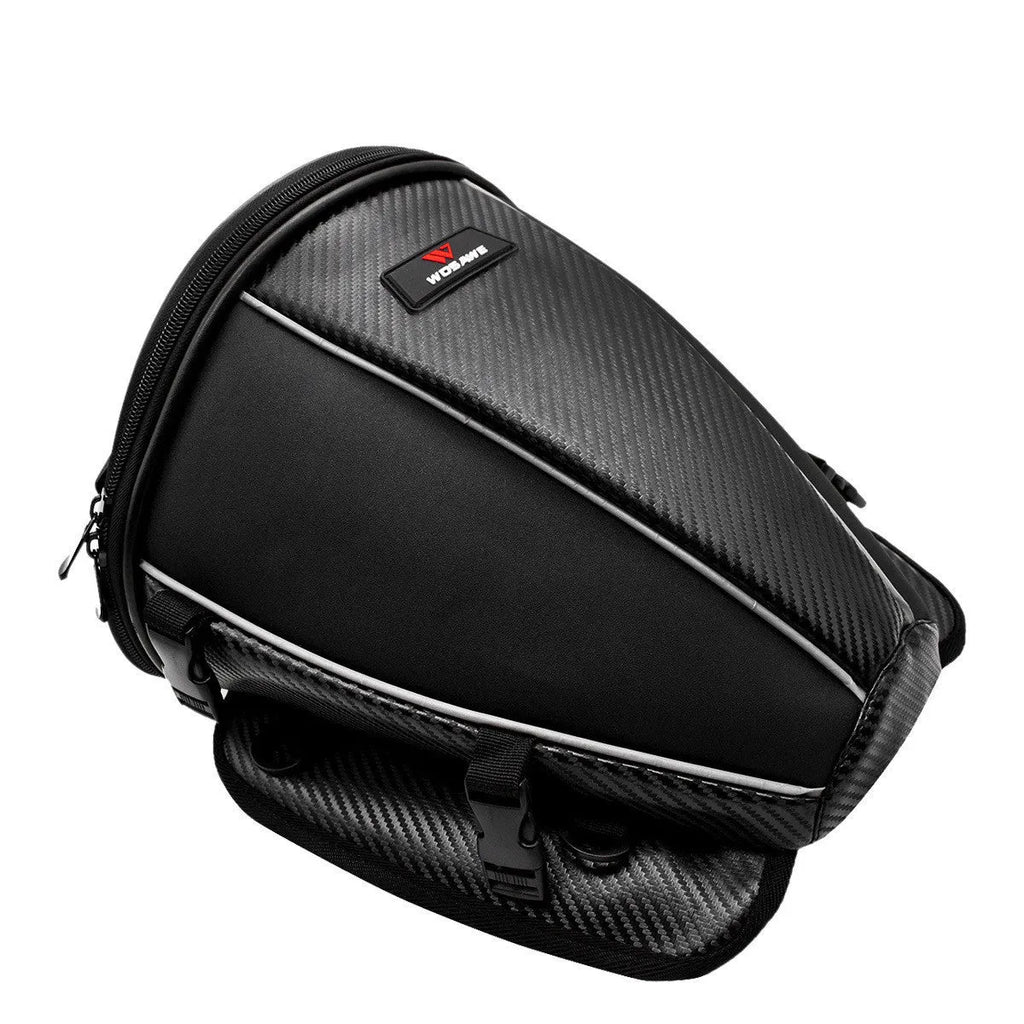 Black motorcycle waterproof crossbody bag with reflective strips and multiple pockets