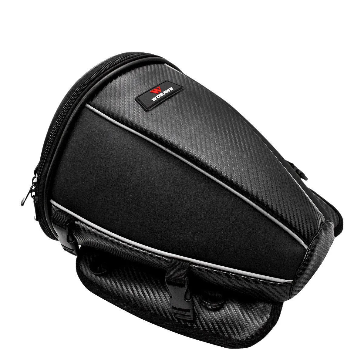Black motorcycle waterproof crossbody bag with reflective strips and multiple pockets