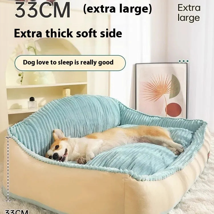 Large grey washable sofa dog bed mat with removable cover on a sofa.