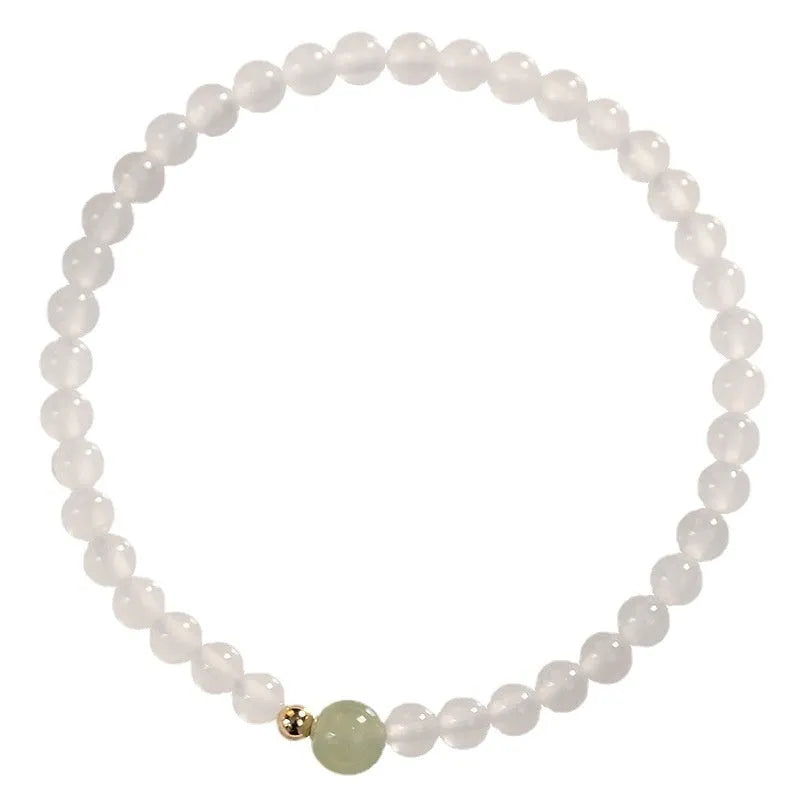 Handmade New Chinese style white agate beaded bracelet for women, 15 cm long.