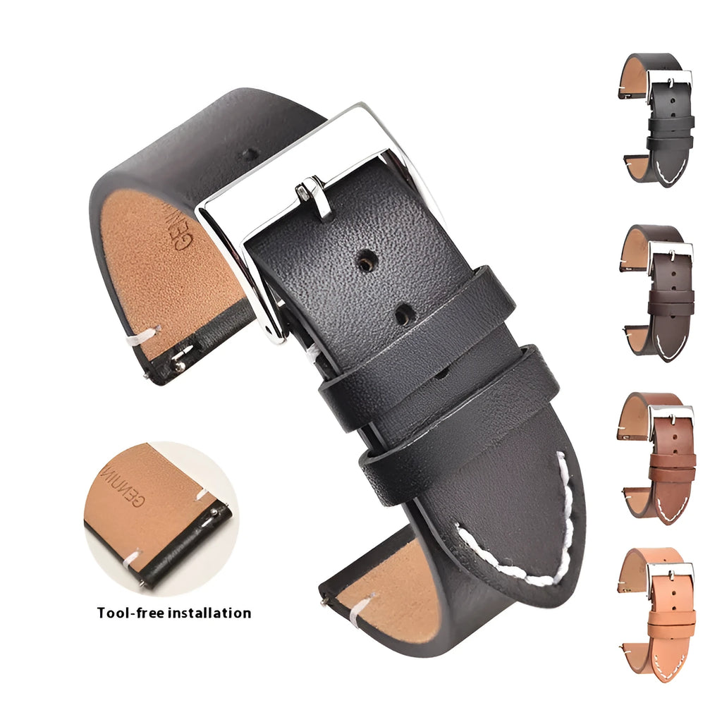 Leather watch strap with stainless steel pin buckle, 2mm thick, available in black, dark brown, light brown, and yellow