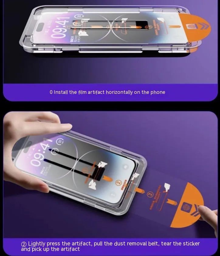 iPhone tempered glass screen protector with dust-free installation kit showing HD and privacy options