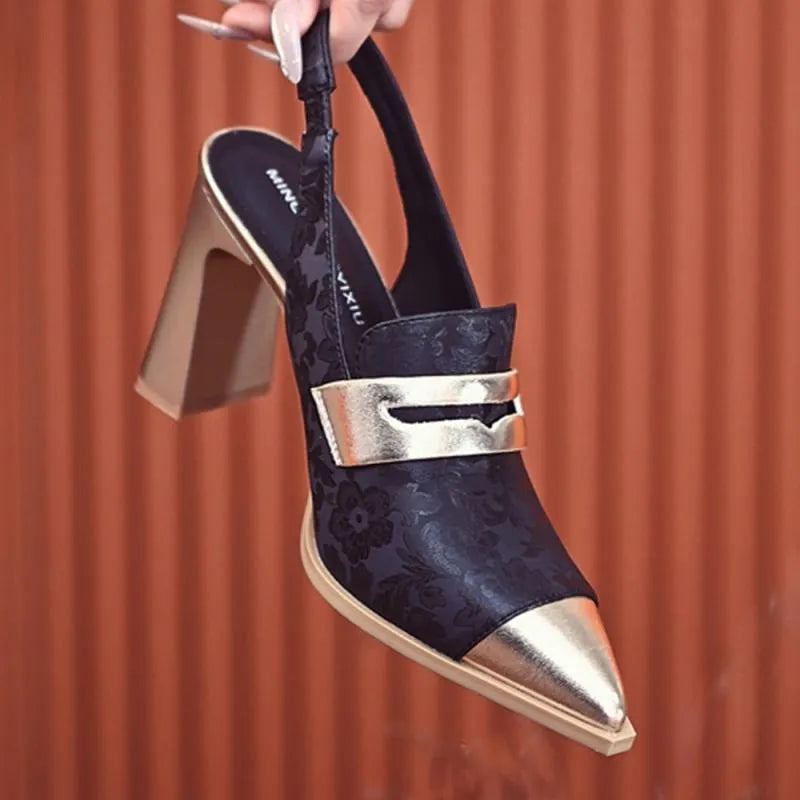 Women's black high-heel sandals with chunky heel, pointed toe, and elastic strap fastening