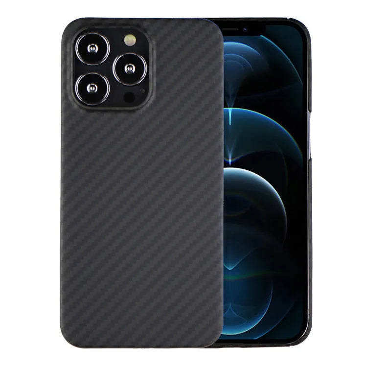 Kevlar fibre iPhone case with MagSafe magnetic charging compatibility in dull black Volcanic Crater pattern