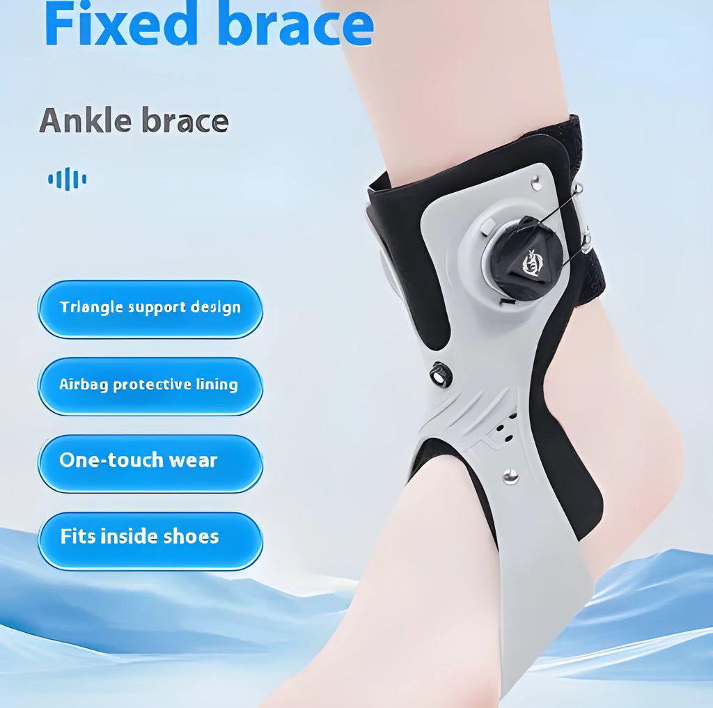 Grey ankle support brace with airbag button compression system showing adjustable fastening