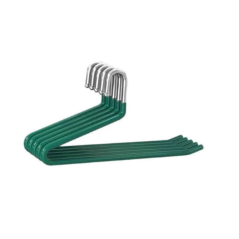 Non-slip Z-shaped trouser hanger in stainless steel dipped finish, shown in cream white, green and black