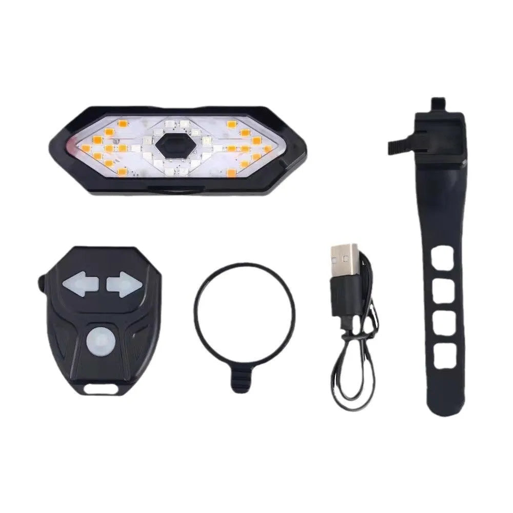 Black USB rechargeable bicycle turn signal with horn, 9.4 x 3.2cm, 900mAh, wireless remote and silicone straps