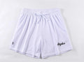 Men's double-layer mesh shorts in various colours on a size chart background.